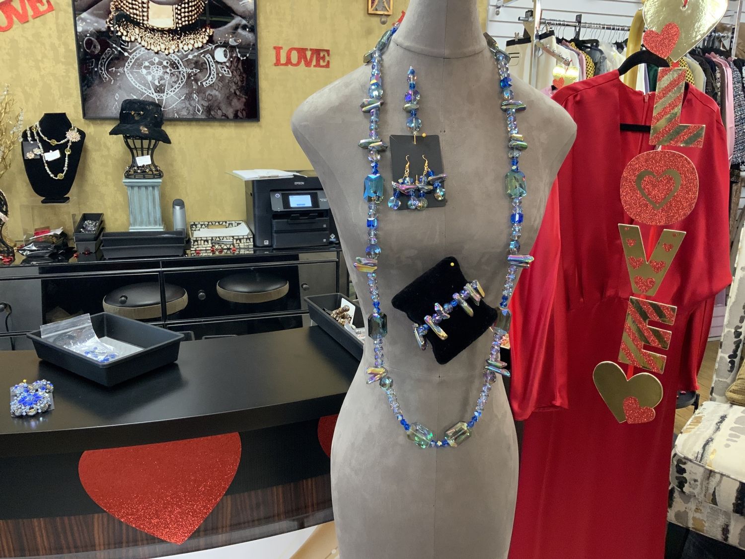 Covered In Calm 4 Pcs Custom Necklace,  Earrings, Hat Pin, and Bracklet