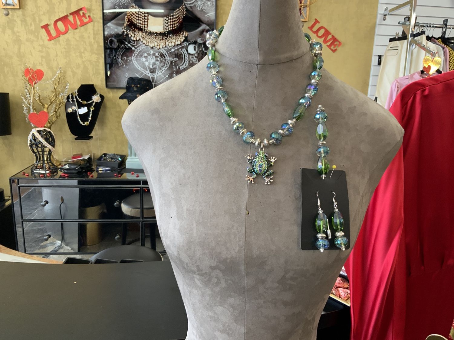 Steady Shine 3 Pcs. Set Custom Frog Necklace, Earrings and Hat Pin