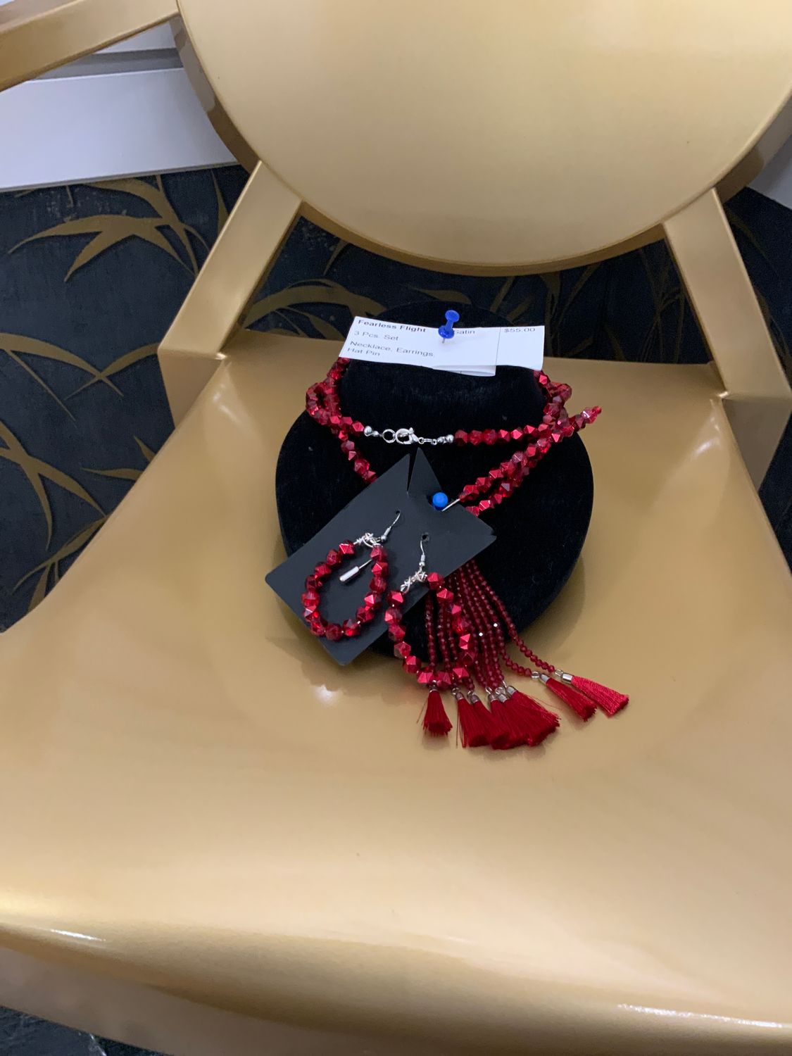 Fearless Flight 3 Pcs Custom Set Red Necklace, Earrings, and Hat Pin