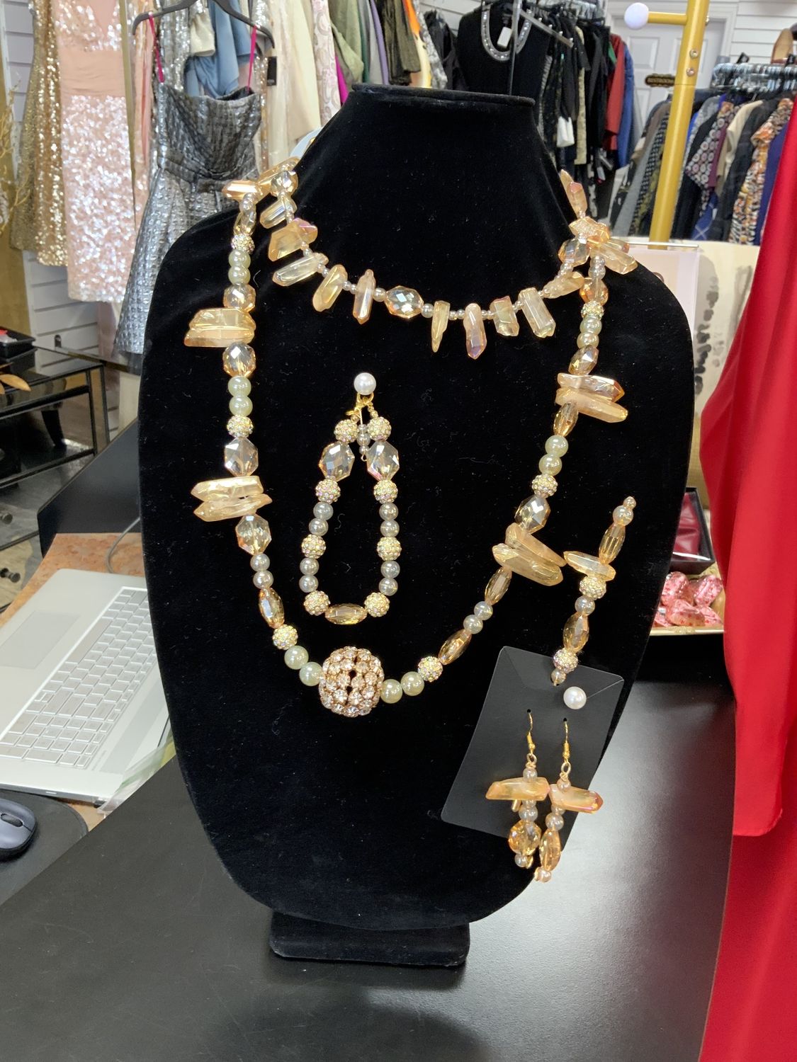 Grace Stone 5 PCS Custom Set 2 Necklaces, Earrings, Hat Pin, and Bracelet