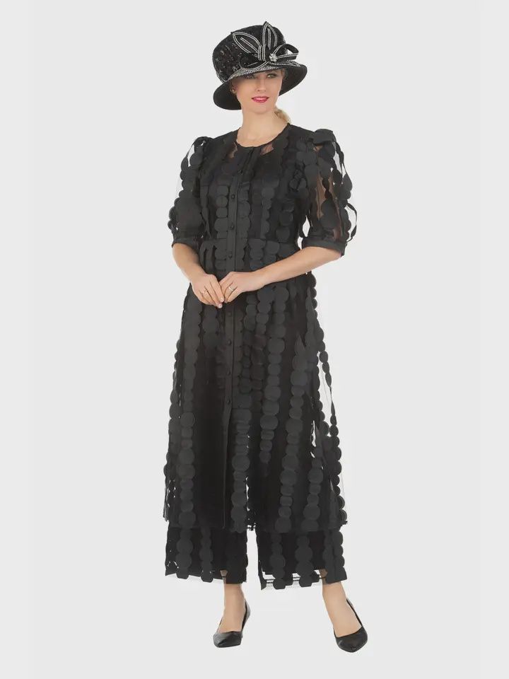 Woman Sheer Black 3PCS Long Jacket, Pant, Shell