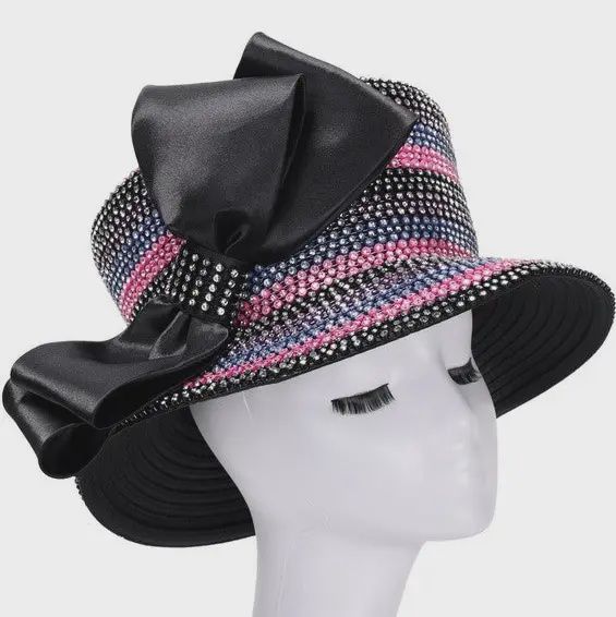 Woman Hat Stoned Black Satin Bow