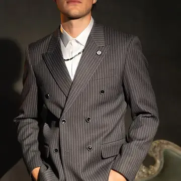 Men 2PCS Suit Black/ White Pin Strip S: 40/34
