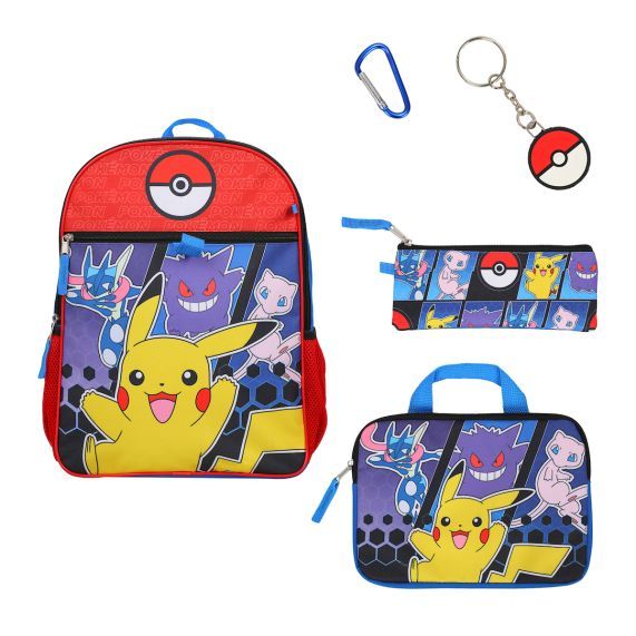 Pokémon 5-Piece Set: 16 Backpack, Padded Utility Case, Small Utility Case, Rubber Keychain, and Carabiner
