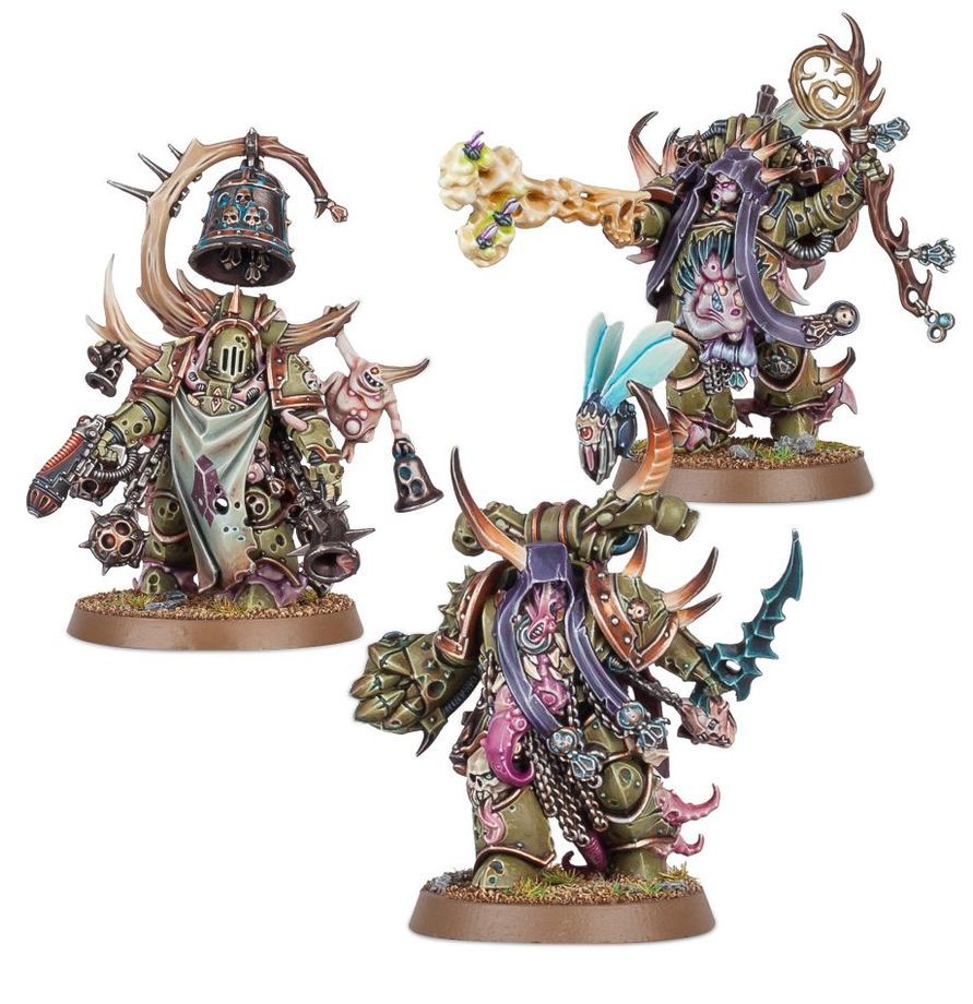 Death Guard: Malignant Plaguecaster, Noxious Blightbringer, and Plague Marine Champion