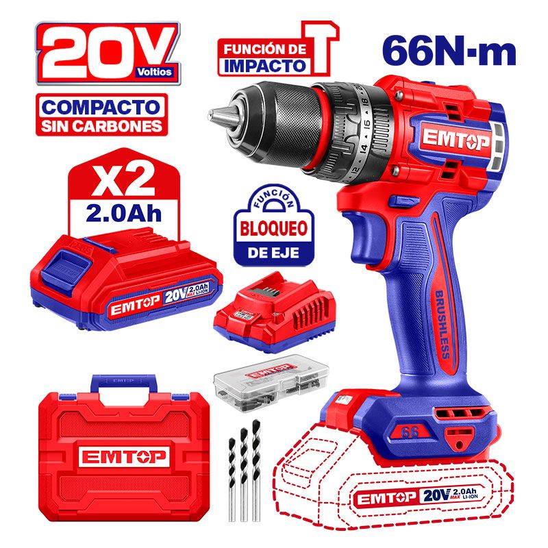 Barreno Percutor Brushless 20V Emtop 1/2&quot; (2 Baterías)