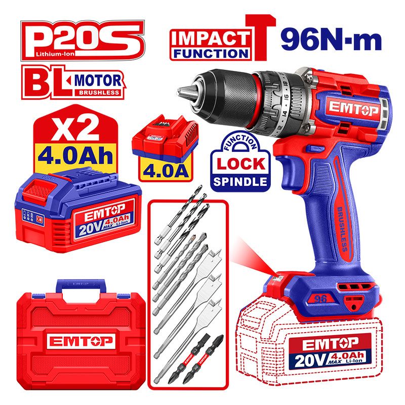 Barreno Percutor Brushless 20V Emtop 96 Nm (2 Baterías) Barreno Percutor Brushless 20V Emtop 96 Nm (2 Baterías)
