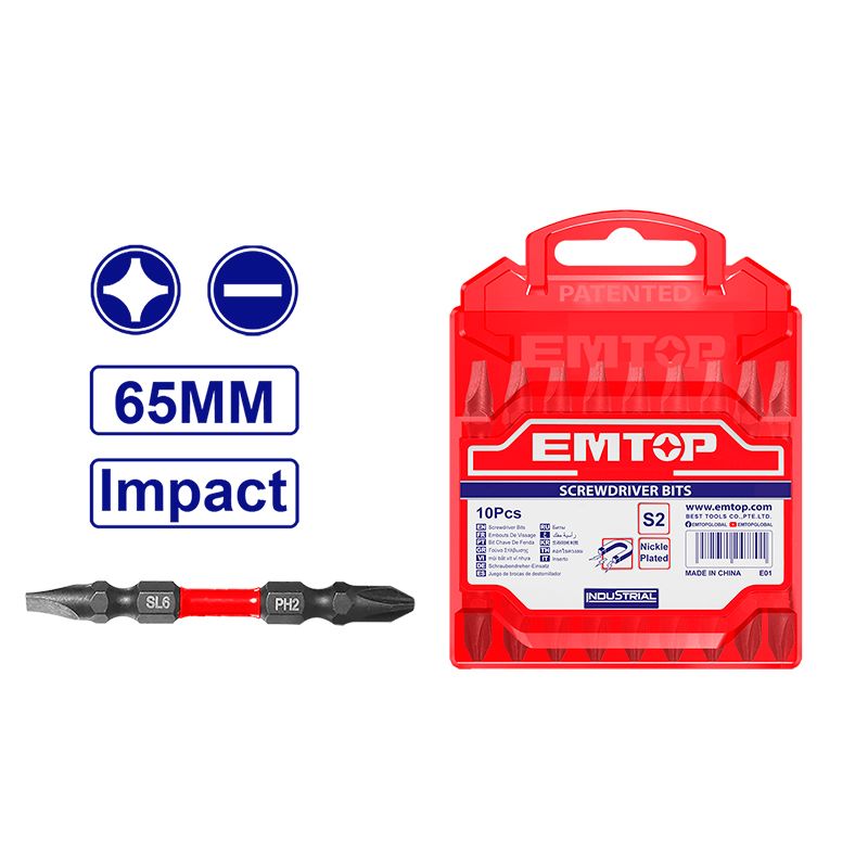 Juego 10 Puntas Destornillador Impacto 2.5 Pulg Phillips/Plano Magneticas Emtop