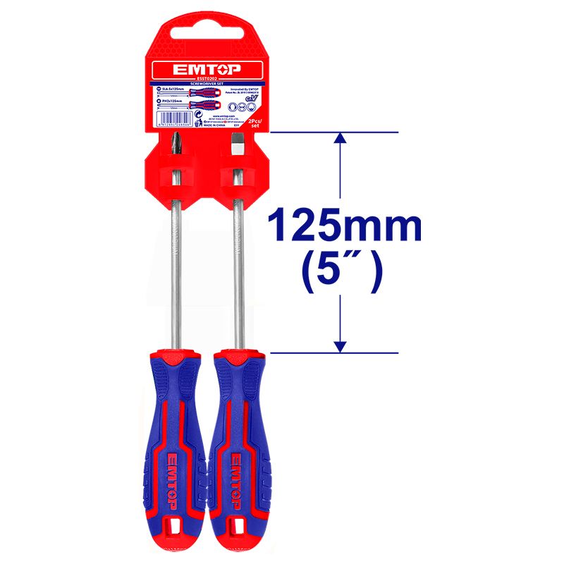 Juego Destornilladores 2 Piezas Phillips/Plano 5 Pulg Emtop