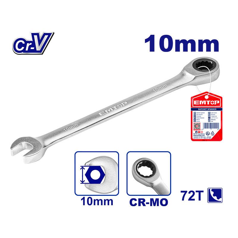 Llave Cola Ratchet 12Pt 10Mm Cr-V Emtop