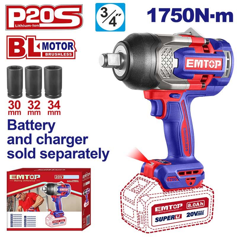 Llave Impacto Inalambrica 3/4 20V 1750Nm 3Copas Sin Bateria Emtop