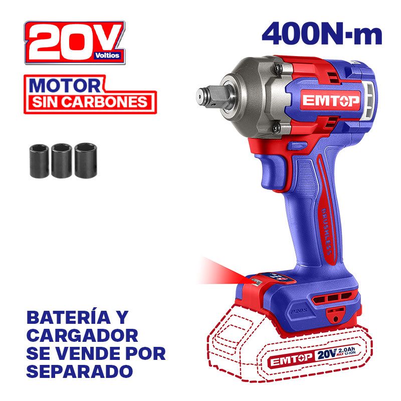 Llave Impacto Inalambrica 1/2 20V 400Nm 3Copas Sin Bateria Emtop
