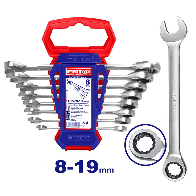 Juego Llaves Ratchet 8Pzs 8-19Mm Emtop