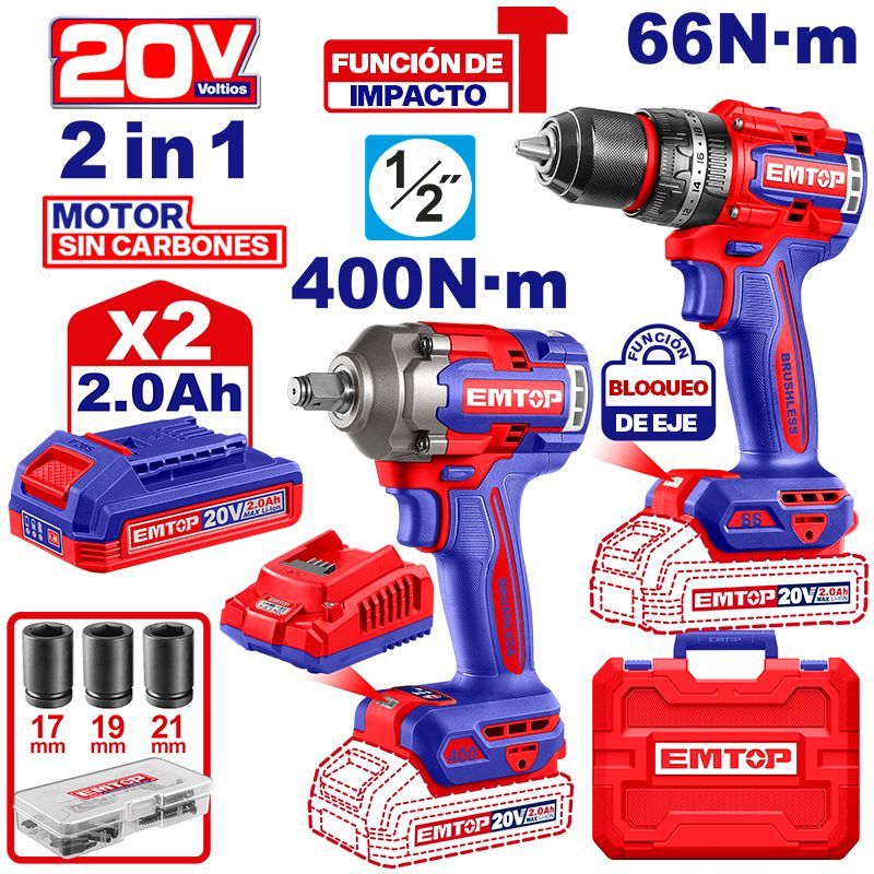 Combo Taladro Percutor 1/2 Y Llave Impacto 1/2 20V Brushless Maleta Emtop