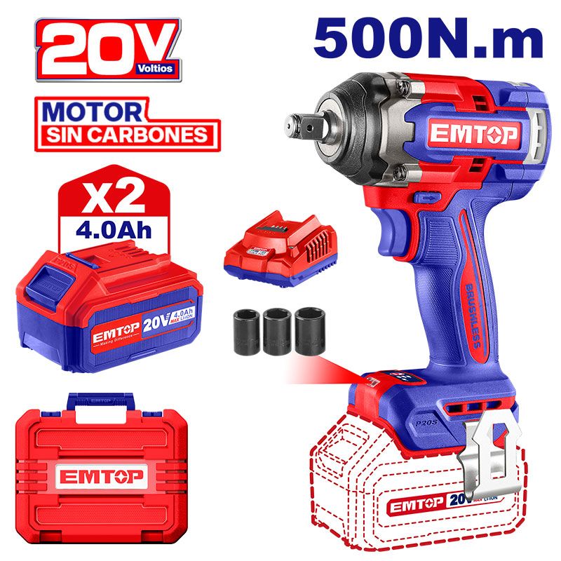 Llave Impacto Inalambrica 1/2 20V 500Nm 3Vel Brushless Emtop