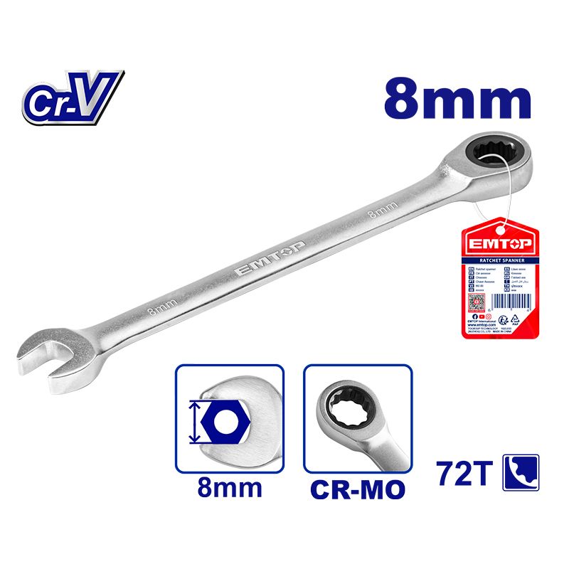 Llave Cola Ratchet 12Pt 8Mm Cr-V Emtop