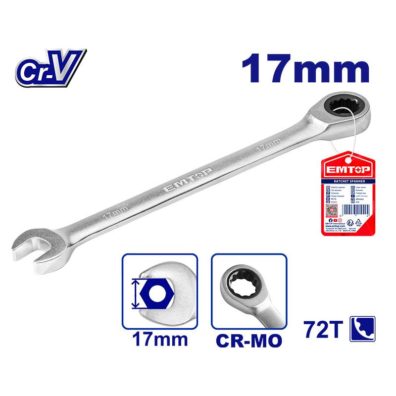 Llave Cola Ratchet 12Pt 17Mm Cr-V Emtop