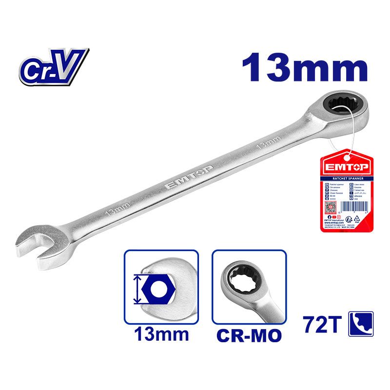 Llave Cola Ratchet 12Pt 13Mm Cr-V Emtop