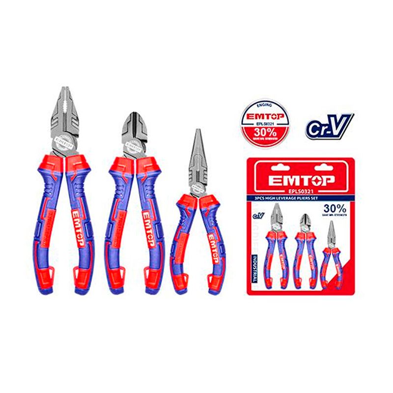 Juego de 3 alicates combinado 8, corte 7 y punta 6 pulgadas Emtop