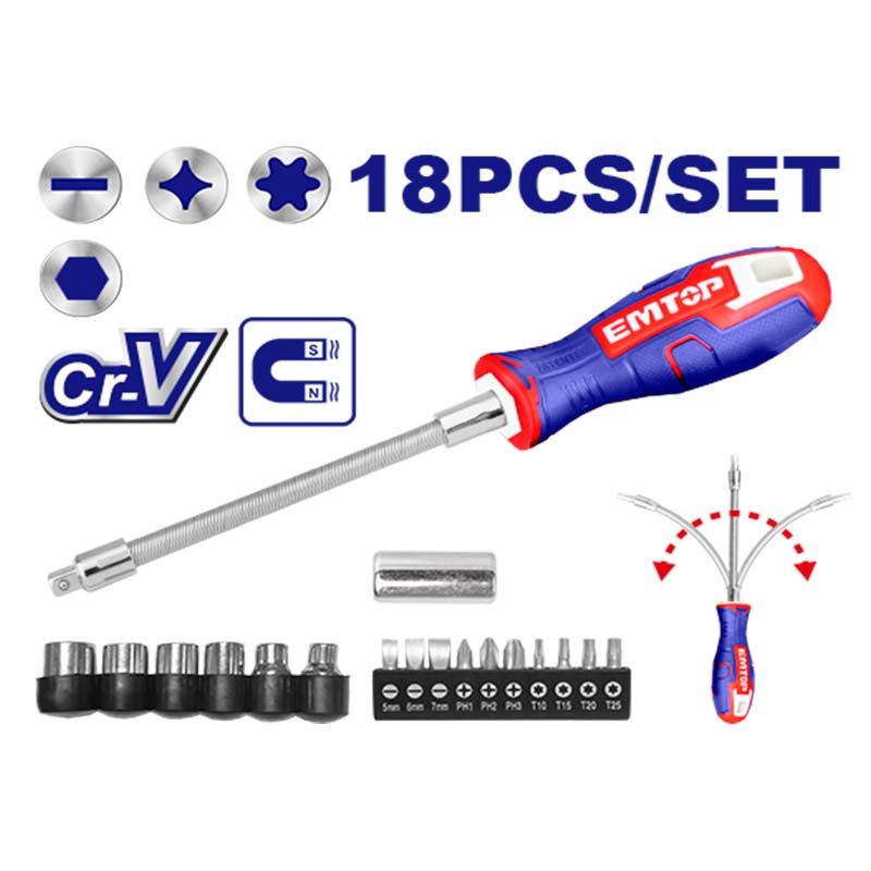 Juego Destornillador Eje Flexible Puntas Copas Emtop