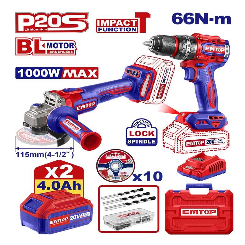 Combo Esmeriladora 4-1/2 Y Taladro Percutor 1/2 Inalambricos De 20v De Brushless 2baterias De Cargador De Maleta Emtop