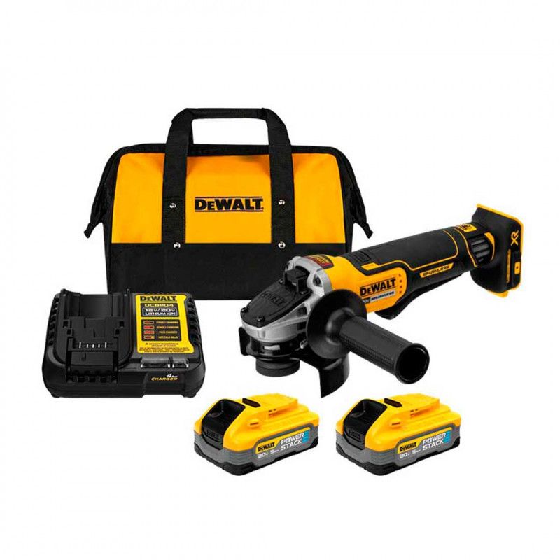 Pulidora/Esmeriladora De 4-1/2 A 5 Pulg De Inalambrica De 20 Voltios De 2 Baterias Power Stack 5 Ah De Brushless De Cargador Dewalt