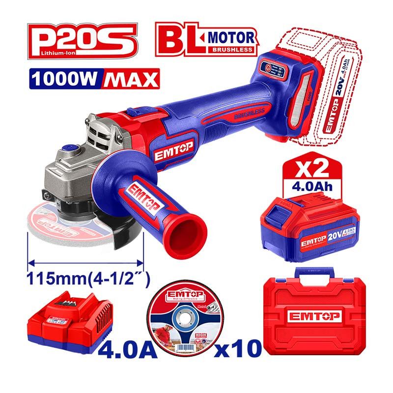 Pulidora/Esmeriladora Inalambrica De 4-1/2 Pulg De 20v De Brushless De 2 Baterias De Cargador De 10 Discos Y Maleta Plastica Emtop