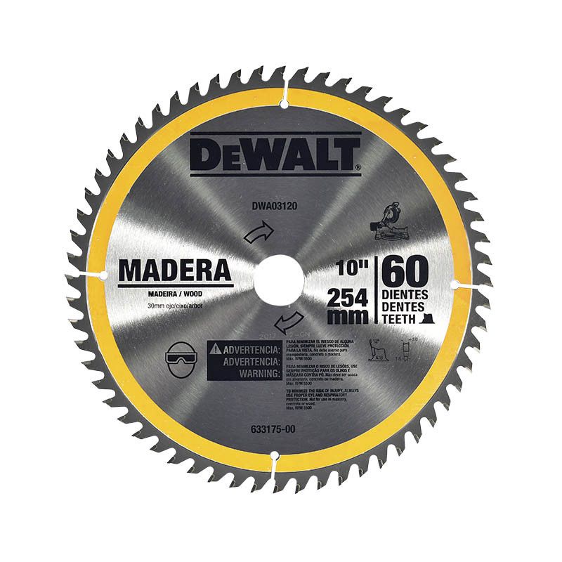 [DWA03120] -Disco De Sierra, 10 Pulg, Eje 30 Mm Adaptador De 1, 5/8 Y 3/4 Pulg, 60 Dientes De Carburo, Para Madera. Marca Dewalt