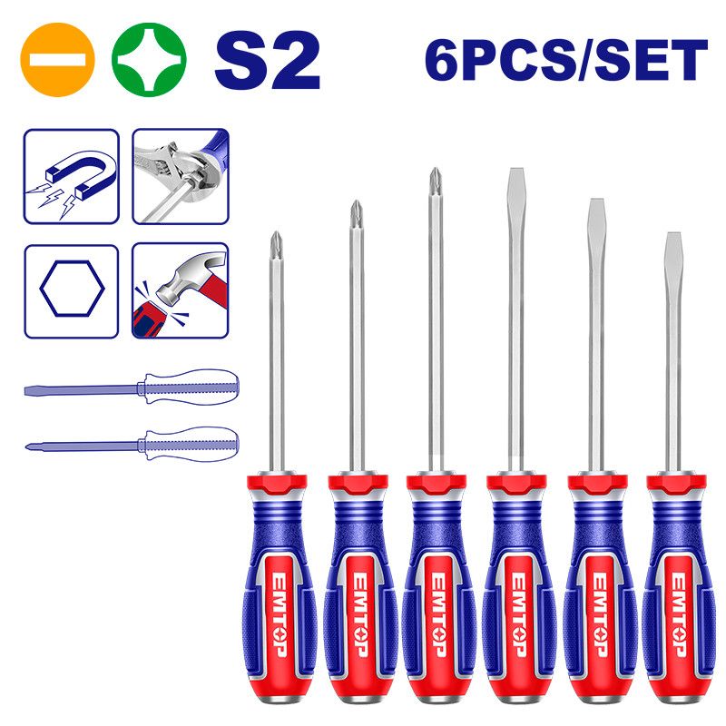 [EGTST0601] -Juego 6 Desarmadores De Golpe, Punta Magnetica, 3 De Punta Phillips Y 3 De Punta Plano. Emtop