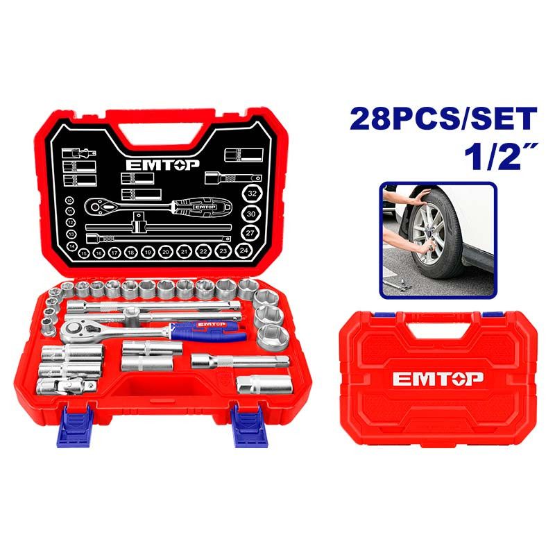 [ESKT12281] -Juego De Copas 28 Piezas Milimetrico, Ratch 1/2, Extension, Junta Universal, 2 Copa De Bujia 16 Y 21mm, Cr-V. Emtop