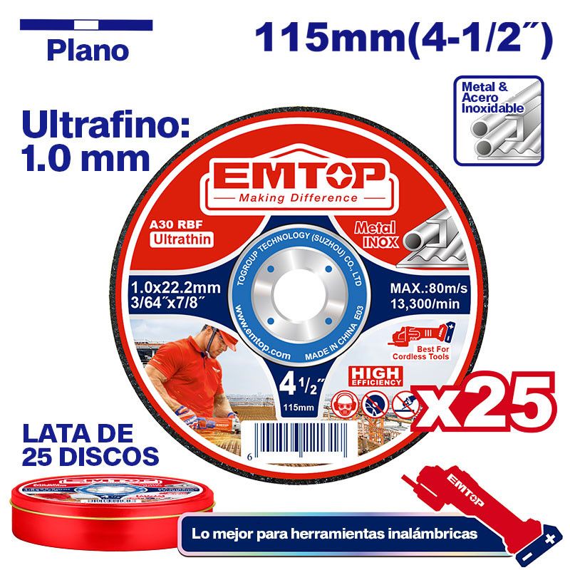 [EACD11011525] -Lata De 25 Discos Abrasivos, Planos, 4-1/2 X 3/64 X 7/8 Pulg, Metal Y Acero Inoxidable. Marca Emtop