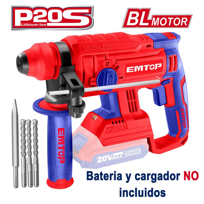 [ELRH202201] -Rotomartillo Sds Plus Inalambrico, 20 Voltios, Sin Carbones, 1.5 Joules, Bare Tool,Sin Baterias Ni Cargador. Marca Emtop