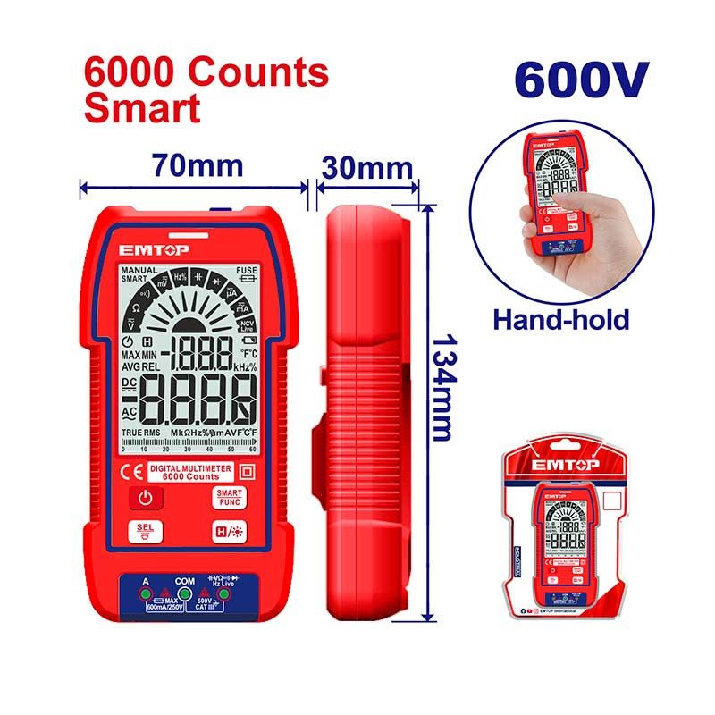 [EDMR516004] -Multimetro Digital 600v, Detecta Voltaje Sin Contacto, Probador De Diodo, Apagado Automatico. Emtop