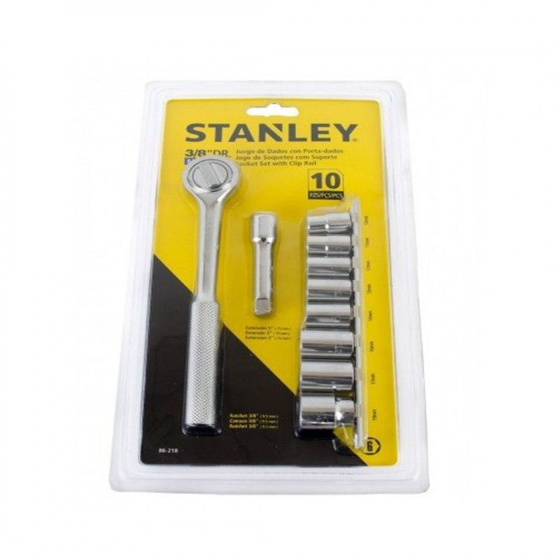 [86-218] -Juego De 10 Piezas, Copas En Milimetros, Raiz De 3/8 Pulg, Con Ratchet, Extension Y Portacopas. Marca Stanley
