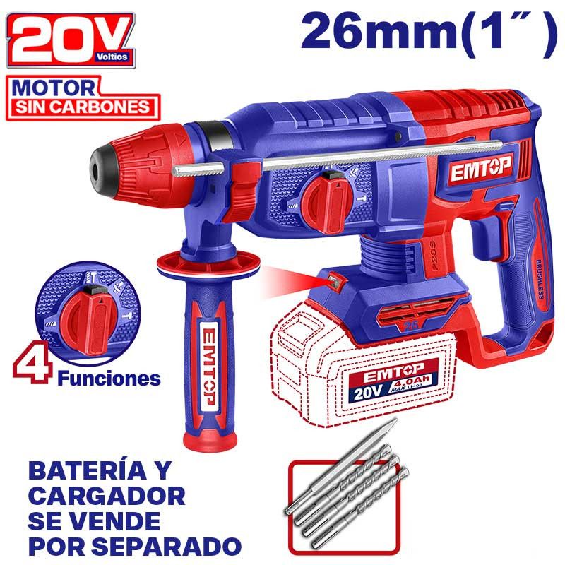 [ELRH20268] -Rotomartillo Inalambrico 20v, Sds Plus, Brushless, 0-1100rpm, 2.5 Joules, Sin Bateria Ni Cargador. (Bare Tool). Emtop