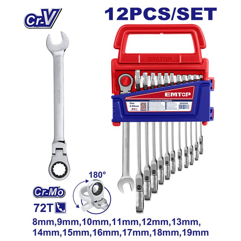 [ECSS101203] -Juego 12 Llaves Milimetricas Con Ratch, Corona Flexible, Pulido Fino Cr-V, 8,9,10,11,12,13,14,15,16,17,18 Y 19 Mm. Emtop