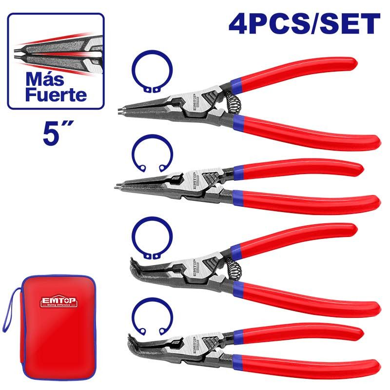 [EPLSC5411] -Juego De 4 Alicates Saca Seguros De 5 Pulgadas, Con Estuche. Marca Emtop