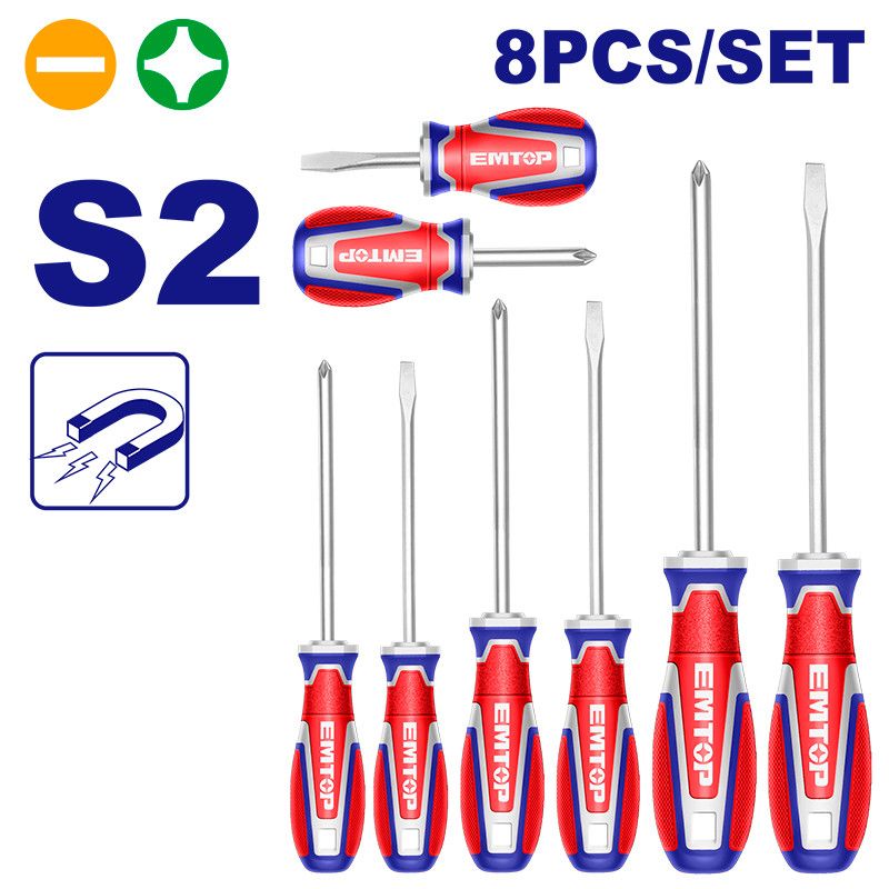 [ESST0821] -Juego 8 Desarmadores, 4 Planos Y 4 Phillips, Punta Magnetica, Mango Ergonomico. Emtop