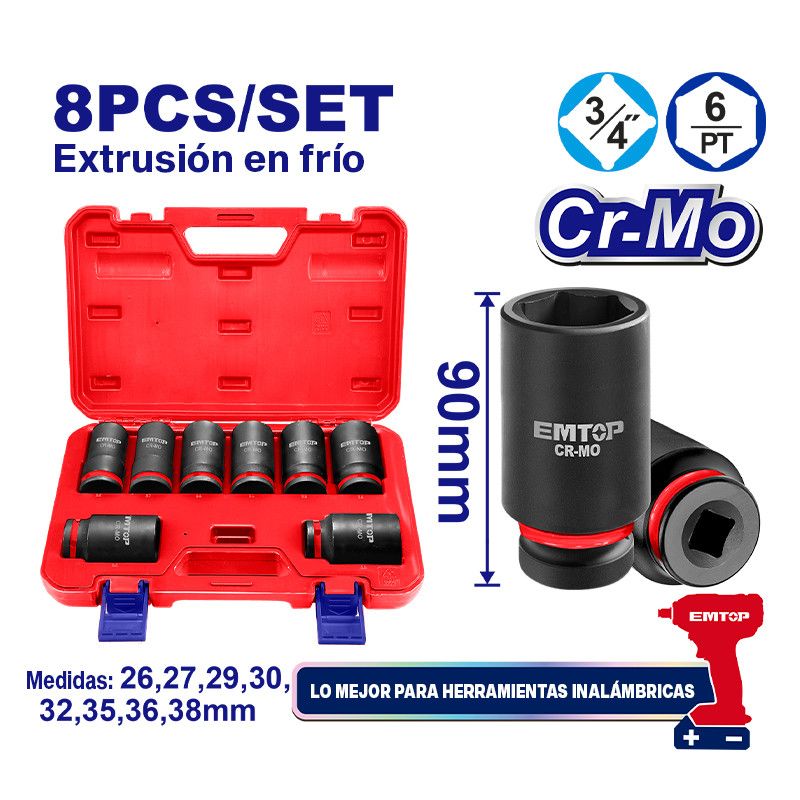 [EMSSD34082L] -Set 8 Copas Milimetricas De Impacto De Profundidad, Raiz 3/4 De Pulgada. 26, 27, 29, 30, 32, 35, 36 Y 38. Emtop