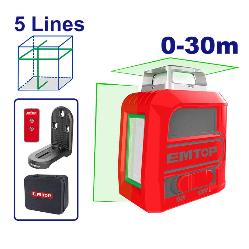 [ESLE2M05] -Nivel Laser Autonivelante, Luz Verde, 360 Grados, 5 Lineas. Rango 0-30 Metros. Emtop