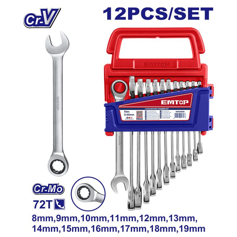[ECSS101202] -Juego De 12 Llaves Milimetricas Con Ratch, Pulido Fino Cr-V, 8,9,10,11,12,13,14,15,16,17,18 Y 19 Mm. Emtop
