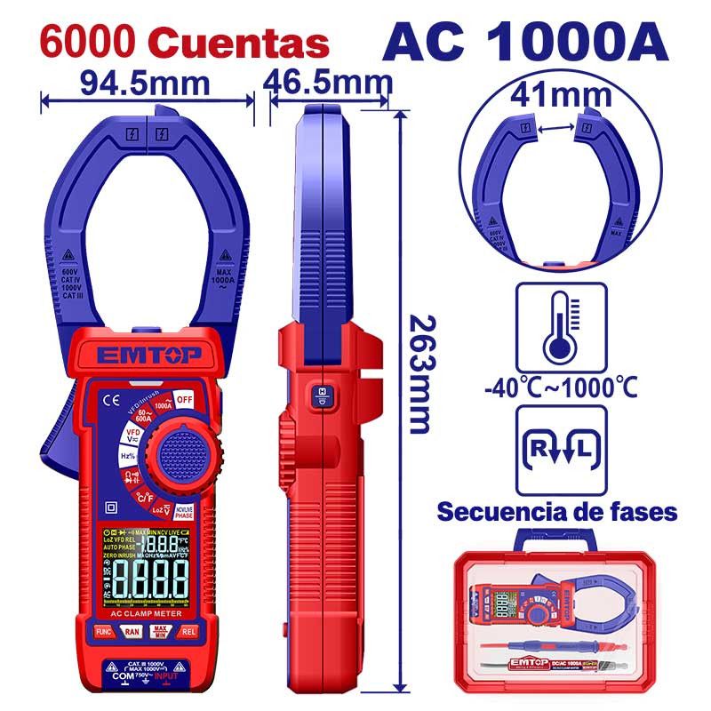 [EDMR7610001] -Amperimetro Digital 1000amp, Mide Corriente Ca, Voltaje Ac/Dc, Resistencia, Capacitancia, Frecuencia, Temperatura. Emtop