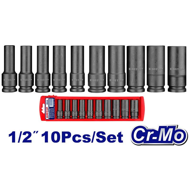 [EMSS12102L] -Set De 10 Copas De Impacto De Profundidad, Raiz De 1/2 Pulg, Milimetrico, 10,12,13,14,15,17,19,21,22,24. Emtop