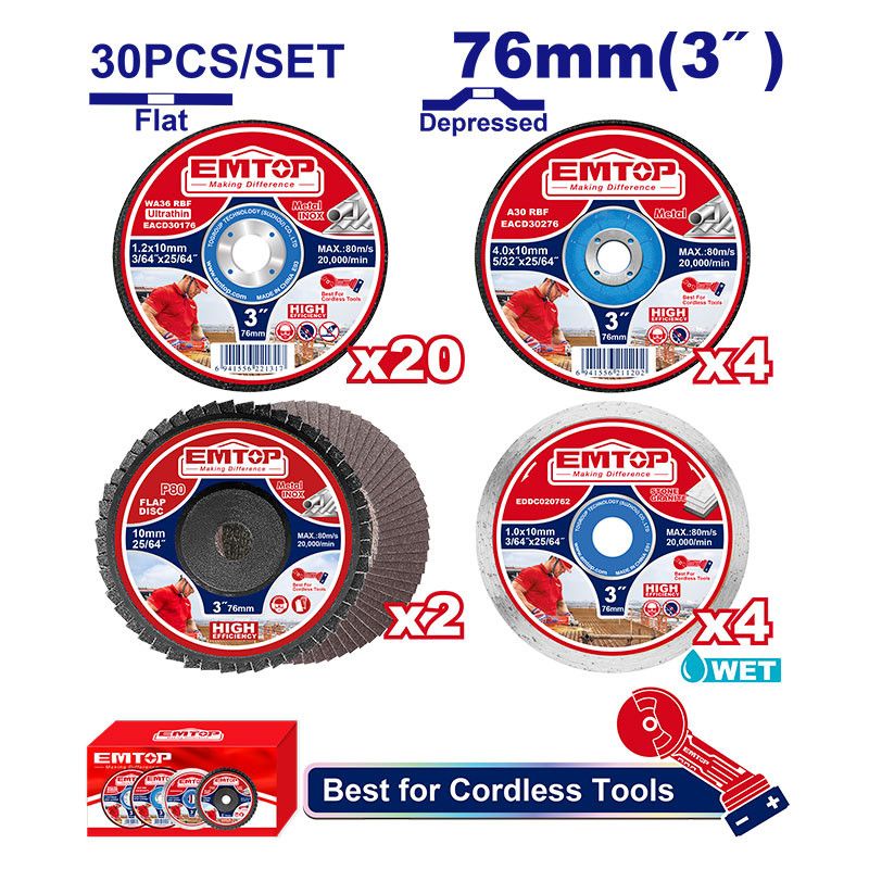 [ECGD07630] -Juego De 30 Discos De 3 Pulg. Abrasivo, Diamante Y Flap Disc, Corte Y Desbaste, Ideal Para Mini Esmeril Elag7601. Emtop