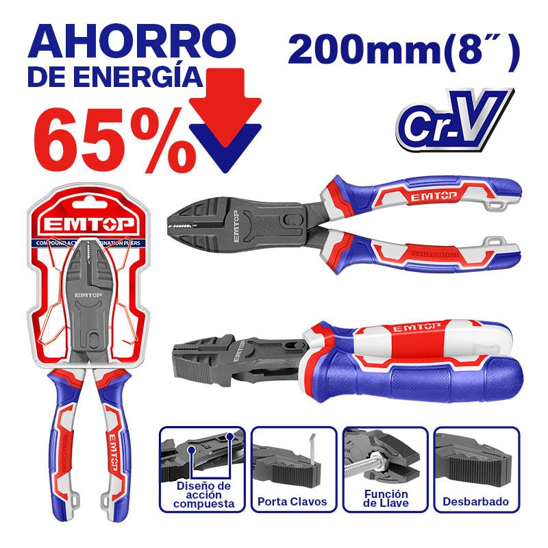 [EPLRCC0851] -Alicate Combinado 8 Pulg, Material Cr-V, Revestimiento De Teflon, Mango Tpr De 3 Colores Agarre Fuerte, Comodo. Emtop