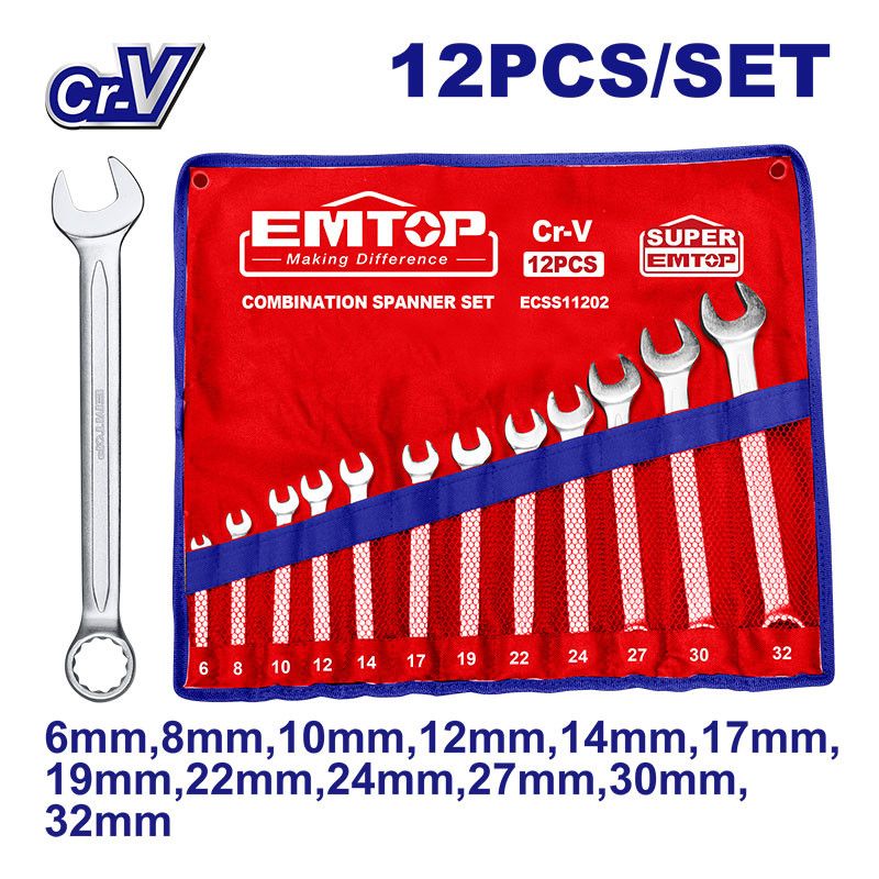 [ECSS11202] -Juego De 12 Llaves Cola Corona Cromo Vanadio Milimetricas, Incluye 6, 8, 10, 12, 14, 17, 19, 22, 24, 27, 30, 32. Emtop