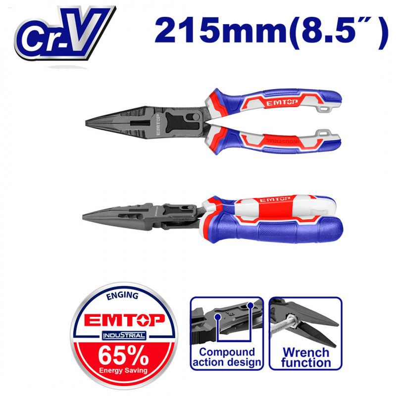 [EPLRCL0851] -Alicate Punta Larga 8.5 Pulg, Material Cr-V, Revestimiento De Teflon, Mango Tpr De 3 Colores Agarre Fuerte, Comodo.emtop
