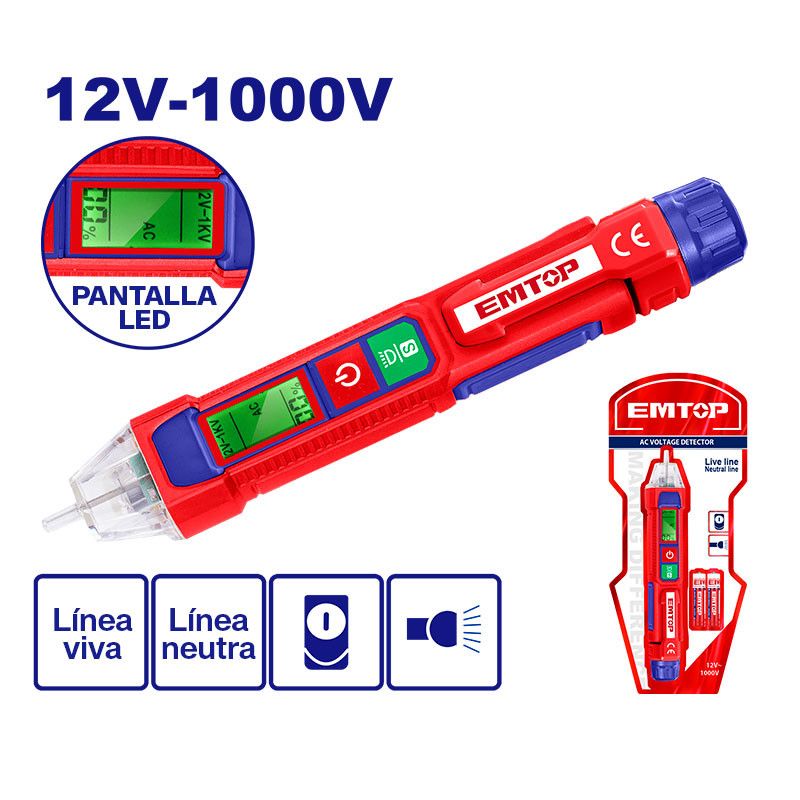 [ETPL210003] -Detector De Voltaje Sin Contacto, De 12 Voltios A 1,000 Voltios,Indicador De Luz Led Y Sonido, Autoapagado.emtop
