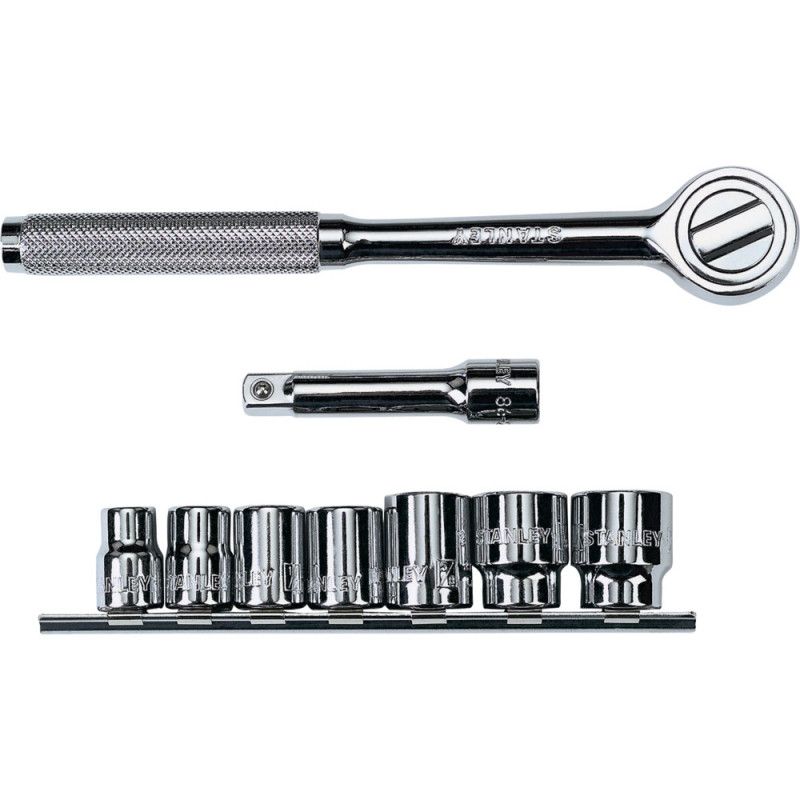 [86-219] -Juego De 9 Piezas, Copas En Pulgadas, Raiz De 3/8 Pulg, Con Ratchet Extension Y Portacopas. Marca Stanley