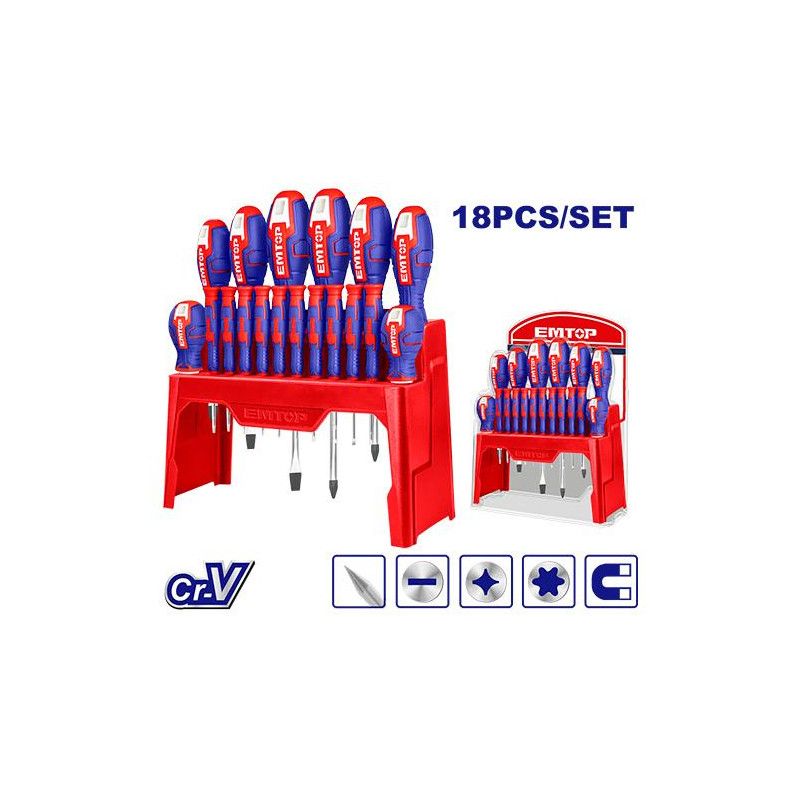 [ESST1802] -Juego De 18 Destonilladores, 4 Planos 4 Phillips Y 10 De Presicion Con Organizador Plastico. Marca Emtop